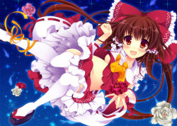 Rule 34 | 1girl, ascot, bare shoulders, bow, breasts, brown eyes, brown hair, collar, collarbone, crop top, crop top overhang, detached sleeves, flower, frilled collar, frilled shirt collar, frilled skirt, frills, glitter, hair bow, hair ornament, hair ribbon, hair tubes, hakurei reimu, long hair, medium breasts, midriff, navel, open mouth, outstretched arm, panties, pantyshot, reaching, ribbon, ribbon-trimmed sleeves, ribbon trim, ripples, sandals, skirt, solo, star (symbol), striped clothes, striped panties, thighhighs, touhou, underboob, underwear, upskirt, water, white thighhighs, yumemiya subaru