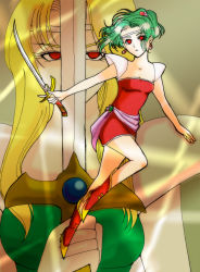Rule 34 | 1990s (style), blonde hair, boots, celes chere, earrings, final fantasy, final fantasy vi, green hair, high heel boots, high heels, jewelry, long hair, mind control, nobu (artist), ponytail, red eyes, sword, tina branford, weapon