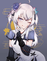 Rule 34 | 1girl, absurdres, ahoge, azuma seren, bad id, bad pixiv id, blanche fleur, choumi wuti (xueye fanmang zhong), closed mouth, cross, flower, full body, hair flower, hair ornament, highres, looking at viewer, purple eyes, silver hair, twintails, two side up, v, vampire, virtual youtuber
