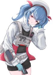 1girl blue_hair colphne_(girls&#039;_frontline_2) girls&#039;_frontline girls&#039;_frontline_2:_exilium gloves gun hat jacket red_eyes taurus_curve twintails weapon white_jacket