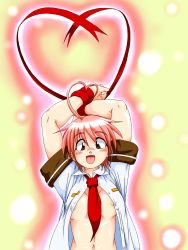 Rule 34 | 1girl, ahoge, aino heart, arcana heart, arms up, blush, bottomless, breasts, brown eyes, heart, heart ahoge, highres, looking at viewer, navel, necktie, nipples, open clothes, pink hair, school uniform, short hair, small breasts, smile, solo