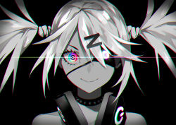 Rule 34 | 1girl, black background, chromatic aberration, closed mouth, collar, collarbone, dive to zone, eyepatch, folded fan, folding fan, glowing, glowing eye, greyscale, hair ornament, hand fan, headphones, lam (ramdayo), lens flare, long hair, monochrome, multicolored eyes, portrait, power symbol, rainbow eyes, simple background, smile, solo, spiked collar, spikes, spot color, twintails, upper body