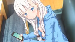 Rule 34 | 1girl, aikotoba -silver snow sister-, any (trueblue), blue eyes, blue hoodie, blush, breasts, cellphone, couch, downblouse, game cg, holding, holding phone, hood, hoodie, hoshitsugu shirone, indoors, jitome, long hair, looking at viewer, nipples, no bra, non-web source, parted lips, phone, sitting, small breasts, smartphone, solo, white hair