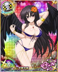 Rule 34 | 1girl, armlet, bikini, black hair, bracelet, breasts, card (medium), chess piece, cleavage, flower, flower on head, high school dxd, jewelry, large breasts, long hair, looking at viewer, navel, necklace, official art, pawn (chess), purple eyes, raynare, smile, swimsuit