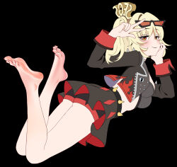 1girl absurdres bare_legs barefoot black_background black_jacket black_skirt blonde_hair breasts burnice_white closed_mouth crop_top enigmasli eyelashes eyewear_on_head feet feet_up full_body head_rest high-waist_skirt highres jacket knees_together_feet_apart legs long_sleeves looking_at_viewer lying medium_breasts meme midriff miniskirt nail_polish necktie on_stomach open_clothes open_jacket orange-tinted_eyewear orange_eyes red_necktie seggs_(meme) shorts shorts_under_skirt simple_background skirt smile soles solo sunglasses the_pose tinted_eyewear toenail_polish toenails toes w zenless_zone_zero