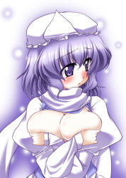 Rule 34 | 1girl, blush, breast lift, breast suppress, breasts, cleavage, covering privates, covering breasts, female focus, gonzaburo, hat, large breasts, letty whiterock, no bra, open clothes, open shirt, purple eyes, purple hair, scarf, shirt, short hair, solo, touhou, upper body, white scarf