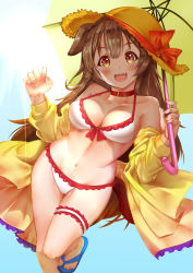 Rule 34 | 1girl, :3, :d, animal ears, bare shoulders, bikini, blush, breasts, brown eyes, brown hair, cleavage, collar, collarbone, commentary, dog ears, dog girl, dog tail, fangs, frilled bikini, frilled swimsuit, frills, groin, hair between eyes, hair down, halterneck, highres, hip bones, hololive, inugami korone, jacket, long hair, looking at viewer, makumaxu, medium breasts, midriff, narrow waist, navel, off-shoulder jacket, off shoulder, open mouth, parasol, raised eyebrows, red collar, smile, solo, swimsuit, tail, umbrella, virtual youtuber, white bikini, yellow jacket