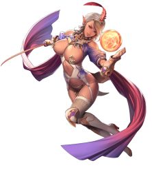 Rule 34 | 1girl, bare shoulders, bikini warriors, blonde hair, braid, breasts, clothing cutout, dark-skinned female, dark elf, dark elf (bikini warriors), dark skin, elf, feathers, full body, garter straps, gloves, holding, holding weapon, large breasts, lipstick, looking at viewer, magic, makeup, navel, navel cutout, oda non, official art, pointy ears, red eyes, simple background, single braid, smile, solo, star (symbol), sword, thighhighs, turban, vambraces, weapon, white background