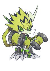 Rule 34 | 1boy, artist request, claws, clenched hands, digimon, digimon (creature), fangs, full body, green eyes, highres, open mouth, pulsemon, sharp teeth, smile, spiked hair, standing, tail, teeth, training