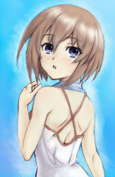 Rule 34 | 1girl, back, back focus, bare back, bare shoulders, blanc (neptunia), blue background, blue eyes, blush, brown hair, commentary request, dress, from behind, hair between eyes, highres, kow seven, looking at viewer, looking back, neptune (series), no headwear, open mouth, short hair, solo, spaghetti strap, upper body, white dress