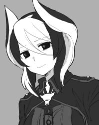 Rule 34 | 1girl, bad id, bad pixiv id, closed mouth, collared jacket, grey background, greyscale, hair between eyes, head tilt, highres, horns, jacket, looking at viewer, made in abyss, monochrome, multicolored hair, ozen, sidelocks, simple background, smile, solo, sorimachi-doufu, streaked hair, two-tone hair, whistle, wing collar