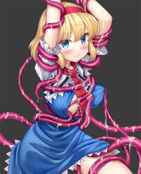 Rule 34 | 1girl, alice margatroid, ascot, bdsm, blonde hair, blue dress, bondage, bound, breasts, capelet, dress, frilled ascot, frilled dress, frills, grey background, hairband, looking at viewer, medium breasts, nagiyamasugi, puffy short sleeves, puffy sleeves, red hairband, scared, sexual harassment, short hair, short sleeves, solo, tears, tentacles, thighs, touhou, wet, white capelet