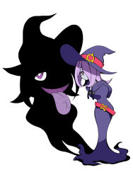 Rule 34 | 10s, 1girl, different shadow, hair over one eye, hat, little witch academia, long hair, purple eyes, purple hair, s-now, shadow, simple background, solo, sucy manbavaran, tongue, white background, witch, witch hat