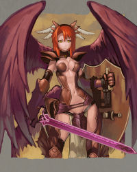 Rule 34 | 1girl, armor, bad id, bad pixiv id, dark minerva (p&amp;d), frown, greaves, hamama2, long hair, midriff, minerva (p&amp;d), navel, pauldrons, puzzle &amp; dragons, red hair, shield, shoulder armor, solo, standing, sword, weapon, wings, yellow eyes
