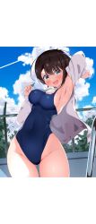 Rule 34 | 1girl, absurdres, black hair, blue eyes, blue one-piece swimsuit, blue sky, cloud, commentary request, contrail, cowboy shot, fence, gluteal fold, groin, highres, hololive, jacket, kuno (kc9s), looking at viewer, new school swimsuit, one-piece swimsuit, oozora subaru, school swimsuit, short hair, sky, smile, solo, swimsuit, virtual youtuber, whistle, whistle around neck