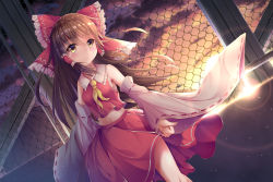Rule 34 | 1girl, bow, breasts, brown hair, cloud, detached sleeves, floating hair, frilled bow, frills, grey sleeves, hair between eyes, hair bow, hair tubes, hakurei reimu, highres, long hair, long sleeves, midriff, navel, neckerchief, outdoors, red bow, red shirt, red skirt, ribbon-trimmed sleeves, ribbon trim, shirt, sideboob, siyuan9629, skirt, sleeveless, sleeveless shirt, small breasts, solo, standing, stomach, sunlight, sunset, touhou, twilight, very long hair, yellow eyes, yellow neckerchief