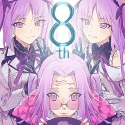 Rule 34 | 3girls, alternate hairstyle, anniversary, blush, closed mouth, commentary request, double v, euryale (fate), fate/grand order, fate (series), forehead, forehead tattoo, highres, jacket, koimizu, long hair, looking at viewer, medusa (fate), medusa (saber) (fate), multiple girls, official alternate costume, pink-tinted eyewear, purple eyes, purple hair, round eyewear, siblings, sisters, smile, stheno (fate), sunglasses, symbol-shaped pupils, tattoo, tinted eyewear, twins, twintails, v, white jacket