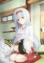Rule 34 | 10s, 1boy, 1girl, admiral (kancolle), barefoot, blush, breasts, brown eyes, coffee1223, hair ribbon, hairband, highres, japanese clothes, kantai collection, lap pillow, long hair, lying, personification, ribbon, scroll, shoukaku (kancolle), silver hair, sitting, skirt, smile