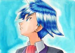 Rule 34 | 1boy, aqua background, black jacket, blue eyes, blue hair, closed mouth, collared shirt, commentary, creatures (company), frown, game freak, highres, jacket, male focus, necktie, nintendo, oka mochi, pokemon, pokemon rse, red necktie, shirt, short hair, solo, spiked hair, steven stone, traditional media, upper body, white shirt