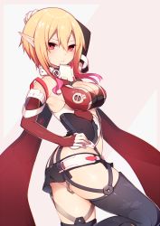 Rule 34 | 1girl, arm behind head, armpits, bad id, bad twitter id, black thighhighs, blonde hair, breasts, bustier, cape, cleavage, cleavage cutout, clothing cutout, collar, elbow gloves, euclita (pso2), fingerless gloves, from side, gloves, gradient hair, hair between eyes, hand on own hip, looking at viewer, multicolored hair, muryotaro, phantasy star, phantasy star online 2, pink hair, pointy ears, red eyes, short hair, short hair with long locks, sidelocks, solo, sweatdrop, thighhighs, two-tone hair, wavy mouth
