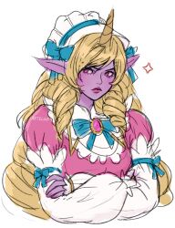 Rule 34 | 1girl, anger vein, artelsia, artist name, blonde hair, bow, bowtie, breasts, cafe cuties soraka, colored skin, cropped torso, crossed arms, dress, gem, green bow, green bowtie, headdress, highres, horns, large breasts, league of legends, long hair, long sleeves, maid headdress, official alternate costume, pink dress, pink eyes, pink skin, pointy ears, puffy short sleeves, puffy sleeves, short sleeves, single horn, solo, soraka (league of legends), white sleeves