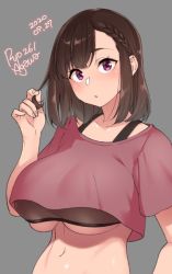 Rule 34 | 1girl, 2020, :o, agawa ryou, artist name, braid, breasts, brown eyes, brown hair, commentary, dated, grey background, large breasts, looking at viewer, midriff, navel, original, parted lips, short hair, simple background, solo, tongue, tongue out, underboob
