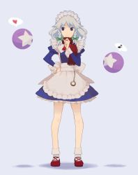 Rule 34 | 1girl, ball, blue eyes, braid, eyebrows, female focus, full body, hand on own hip, heart, highres, izayoi sakuya, jean (jean sp), maid, maid headdress, mary janes, musical note, perfect cherry blossom, pocket watch, quaver, scarf, shoes, short hair, silver hair, skirt, socks, solo, speech bubble, spoken heart, spoken musical note, standing, star (symbol), thick eyebrows, touhou, twin braids, watch, white socks