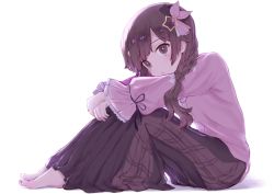 Rule 34 | 1girl, barefoot, blush, braid, brown eyes, brown skirt, closed mouth, commentary request, feet, frilled sleeves, frills, full body, hair ornament, hair ribbon, highres, hololive, leaning forward, legs together, long hair, long sleeves, low-tied long hair, own hands together, partial commentary, pink shirt, pleated skirt, ribbon, senda nara, shadow, shirt, simple background, skirt, solo, star (symbol), star hair ornament, toes, tokino sora, tokino sora (casual), virtual youtuber, white background