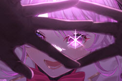 Rule 34 | 1girl, :d, black gloves, blurry, blurry foreground, bow, close-up, commentary, edogawa kigoro, english commentary, gloves, glowing, glowing eye, highres, idol (yoasobi), lace, lace gloves, lips, looking at viewer, looking through fingers, maria marionette, nijisanji, nijisanji en, open mouth, oshi no ko, pink eyes, pink hair, portrait, red bow, signature, smile, solo, sparkling eyes, star-shaped pupils, star (symbol), symbol-shaped pupils, virtual youtuber