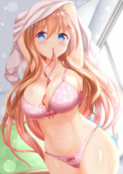 Rule 34 | 1girl, armpits, arms up, bare shoulders, blue eyes, blush, bow, bow bra, bow panties, bra, breasts, brown hair, cleavage, commentary request, day, hair between eyes, hair ornament, hairclip, highres, indoors, large breasts, looking at viewer, mouth hold, navel, original, panties, parted lips, pink bra, pink panties, ribbon, ribbon in mouth, shirt, solo, star (symbol), star hair ornament, sunlight, sweat, underwear, underwear only, undressing, white shirt, window, xenon (for achieve)