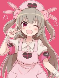 Rule 34 | &gt; &lt;, 1girl, ;d, apron, armband, bandaged arm, bandages, blush, brown hair, collarbone, collared shirt, commentary request, fang, hair ornament, hand up, hat, heart, long hair, looking at viewer, natori sana, nurse cap, one eye closed, open mouth, pink apron, pink hat, puffy short sleeves, puffy sleeves, rabbit hair ornament, red background, red eyes, sana channel, shirt, short sleeves, simple background, smile, solo, tadanoshi kabane, two side up, v, very long hair, virtual youtuber, white shirt