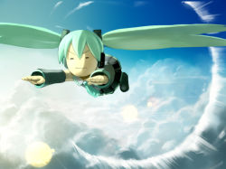 Rule 34 | 1girl, aqua hair, chibi, cloud, day, detached sleeves, closed eyes, female focus, flying, full body, hatsune miku, headphones, long hair, necktie, outdoors, shockwave, skirt, sky, solo, sonic boom (sound), supersonic, thighhighs, twintails, very long hair, vocaloid, won (toufunokado)