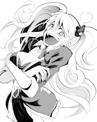 Rule 34 | 10s, 1girl, bear hair ornament, breasts, cleavage, crazy smile, crossed arms, danganronpa (series), danganronpa: trigger happy havoc, enoshima junko, greyscale, hair ornament, large breasts, monochrome, necktie, open mouth, rihitoman, skirt, sleeves rolled up, smile, spoilers, twintails