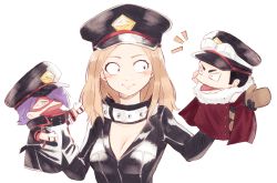 Rule 34 | 1girl, black hat, blonde hair, boku no hero academia, breasts, cape, character doll, chikuwa savy, cleavage, collarbone, gloves, hat, long hair, looking at another, medium breasts, peaked cap, red cape, shiny clothes, shishikura seiji, simple background, smile, solo, uniform, upper body, utsushimi kemii, white background