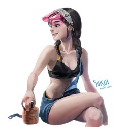 Rule 34 | 1girl, bare legs, black bra, black hair, bottle, bra, braid, breasts, casual, collarbone, commentary, crop top, dokkaebi (rainbow six siege), english commentary, friendly mutton chops, hair over shoulder, highres, lips, making-of available, medium hair, no eyewear, nose, one eye closed, overalls, panties, panty peek, rainbow six siege, shorts, single strap, small breasts, solo, suisui again, twin braids, underwear, visor cap, white background