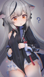 Rule 34 | 1girl, :o, ?, animal ears, black bow, blue archive, blush, bow, breasts, cat ears, chromatic aberration, covered navel, dress, dressing, female focus, grey background, grey hair, hair bow, highres, jacket, kokona (blue archive), layered skirt, long hair, looking back, multicolored hair, no panties, orange eyes, partially visible vulva, pelvic curtain, pinstripe pattern, saebashi, skirt, sleeveless, sleeveless dress, small breasts, solo, streaked hair, striped, thighs, twitter username, wardrobe malfunction, white skirt