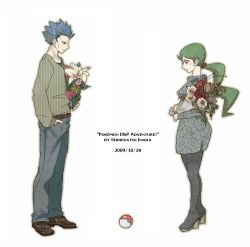 Rule 34 | 00s, 1boy, 1girl, artist request, bad id, bad pixiv id, blue eyes, blue hair, bouquet, casual, copyright name, creatures (company), cyrus (pokemon), dated, english text, flower, game freak, green hair, holding, holding bouquet, long hair, mitsumi (pokemon), nintendo, pantyhose, poke ball, poke ball (basic), pokemon, pokemon dp (manga), pokemon dp legend, pokemon dppt, ponytail, short hair, sweater, teratsu