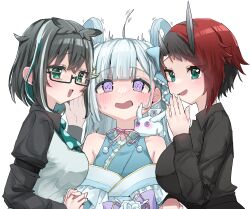 Rule 34 | 3girls, ahoge, amaui, animal, animal on shoulder, black hair, black shirt, blue bow, blue bowtie, blue eyes, blue hair, blue kimono, blunt bangs, blush, bow, bowtie, breasts, collared shirt, commentary request, crescent, crescent hair ornament, demon girl, demon horns, frilled kimono, frills, glasses, grey hair, grey wings, hair bow, hair ornament, head wings, highres, holding hands, horns, interlocked fingers, japanese clothes, kimono, large breasts, long hair, long sleeves, looking at viewer, medium bangs, medium breasts, multicolored hair, multiple girls, nanashi inc., off shoulder, open mouth, oura rukako, oura rukako (1st costume), polka dot bowtie, purple eyes, rabbit, red hair, ryugasaki rene, shirt, short hair, simple background, small breasts, smile, streaked hair, tamotsu (mary), two-tone hair, upper body, vest, virtual youtuber, white background, white bow, white hair, white vest, wings