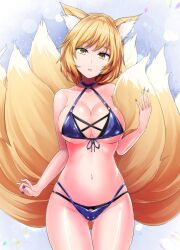 Rule 34 | 1girl, \||/, alternate costume, animal ear fluff, animal ears, bikini, blonde hair, blue nails, breasts, cleavage, commentary request, fox ears, fox tail, gluteal fold, hand up, head tilt, kitsune, large breasts, looking at viewer, multiple tails, nail polish, parted lips, short hair, solo, swimsuit, tail, teeth, thigh gap, touhou, y2, yakumo ran, yellow eyes