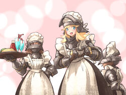 Rule 34 | 3girls, :d, alternate costume, apron, armor, black gloves, blonde hair, blue eyes, brown eyes, brown hair, commentary, cowboy shot, dress, english commentary, enmaided, food, gauntlets, gloves, perlweiss (ironlily), hand on own hip, heart, heart hands, helmet, highres, holding, holding tray, ironlily, long hair, long sleeves, looking at viewer, maid, maid apron, maid headdress, multiple girls, open mouth, original, short hair, simple background, smile, standing, tray, tropical drink, waist apron, white apron