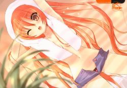 Rule 34 | bee-be-beat it!, brown eyes, hachie, ito noizi, long hair, midriff, no bra, one eye closed, open fly, open mouth, orange hair, red eyes, red hair, shorts, solo, towel, unzipped, very long hair, wet, wink, zipper