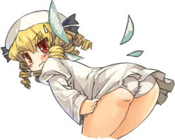 Rule 34 | 1girl, 3:, ass, bad id, bad pixiv id, bent over, blonde hair, blush, dress, dress tug, drill hair, fairy, female focus, from behind, hat, looking back, luna child, panties, red eyes, short dress, simple background, solo, sweatdrop, touhou, tsudero, underwear, wavy mouth, white panties, wings