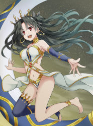 Rule 34 | 1girl, :d, asymmetrical legwear, asymmetrical sleeves, barefoot, black hair, blue sleeves, blue thighhighs, breasts, choker, cleavage, earrings, fate/grand order, fate (series), floating hair, full body, hair between eyes, highres, ishtar (fate), jewelry, long hair, medium breasts, midriff, navel, open mouth, outstretched arm, panties, red eyes, ring, sideboob, single sleeve, single thighhigh, smile, solo, stomach, strapless, thighhighs, tm-pika, underwear, uneven legwear, uneven sleeves, very long hair, white panties