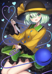 Rule 34 | 1girl, absurdres, black hat, blood, blue blood, blush, bow, buttons, commentary, diamond button, eyeball, floral print, frilled shirt collar, frilled sleeves, frills, green eyes, green hair, green skirt, hako momiji, hat, hat bow, hat ribbon, heart, heart of string, highres, holding, holding knife, knife, komeiji koishi, long sleeves, looking at viewer, open mouth, print skirt, ribbon, rose print, shirt, skirt, smile, solo, thighs, third eye, touhou, wide sleeves, yellow ribbon, yellow shirt