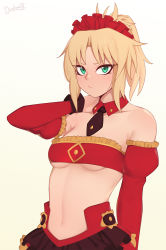 Rule 34 | 1girl, armpits, blonde hair, blush, breasts, brown necktie, closed mouth, collar, commentary, darahan, detached collar, detached sleeves, english commentary, fate/apocrypha, fate/grand order, fate (series), green eyes, hair ornament, long sleeves, looking at viewer, medium hair, mordred (fate), mordred (fate/apocrypha), navel, necktie, puffy long sleeves, puffy sleeves, red collar, red skirt, red sleeves, red tube top, short necktie, signature, simple background, skirt, small breasts, solo, stomach, strapless, tube top, upper body, white background