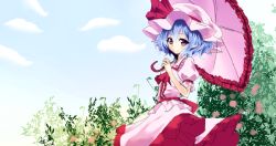 Rule 34 | 1girl, ascot, blouse, blue hair, bow, bush, buttons, cloud, collared shirt, day, dress, frilled dress, frilled shirt, frilled skirt, frills, gradient eyes, hat, hat bow, holding, junior27016, leaf, leaf background, looking at viewer, mob cap, multicolored eyes, parasol, pink dress, pink shirt, pointy ears, puffy sleeves, red eyes, remilia scarlet, ribbon, shirt, skirt, skirt set, sky, smile, solo, touhou, umbrella