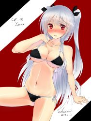 Rule 34 | 1girl, 2017, arm support, artist name, bikini, black bikini, blush, breasts, character name, cleavage, dated, essex (warship girls r), eyes visible through hair, hand on own chest, long hair, looking at viewer, medium breasts, navel, nose blush, red eyes, schwarzer, side-tie bikini bottom, silver hair, skindentation, solo, stomach, swimsuit, tears, two side up, very long hair, warship girls r