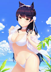 Rule 34 | 1girl, alexiel (pixiv6211566), animal ears, atago (azur lane), atago (summer march) (azur lane), azur lane, bare shoulders, bikini, black hair, blue sky, blush, breasts, choker, cleavage, closed mouth, cloud, cloudy sky, collarbone, contrapposto, cowboy shot, day, flower, groin, hair flower, hair ornament, hair ribbon, hands up, highres, jacket, large breasts, leaf, legs together, long hair, looking at viewer, mole, mole under eye, navel, open clothes, open jacket, outdoors, plant, ribbon, shiny skin, sky, smile, solo, standing, stomach, strap gap, swimsuit, very long hair, white bikini, white choker, white flower, white jacket, white ribbon, yellow eyes