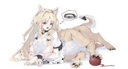 Rule 34 | 1girl, :d, absurdres, animal ear fluff, animal ears, apron, bell, black choker, black ribbon, blue eyes, body fur, bowl, breasts, brown fur, brown hair, centauroid, chinese commentary, choker, claws, cleavage, commentary, detached sleeves, dog ears, fangs, frilled apron, frills, full body, hair between eyes, hair intakes, highres, jewelry, large breasts, long hair, looking at viewer, lying, maid, maid apron, monster girl, multiple legs, neck bell, nipples, on side, open mouth, original, pet bowl, puffy detached sleeves, puffy sleeves, ribbon, ring, shadow, sidelocks, simple background, skin fangs, smile, solo, tail, tail ornament, tail ribbon, taur, teeth, thought bubble, white apron, white background, white fur, white sleeves, wristband, yarn, yarn ball, zhu fun