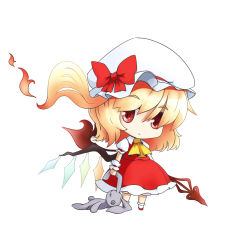 Rule 34 | 1girl, blonde hair, chibi, dress, embodiment of scarlet devil, female focus, fire, flandre scarlet, grabbing another&#039;s ear, grabbing another's ear, hand on another&#039;s ear, hat, holding by the ears, laevatein, musashino udon, rabbit, red dress, red eyes, side ponytail, simple background, solo, stuffed toy, touhou, white background, wings